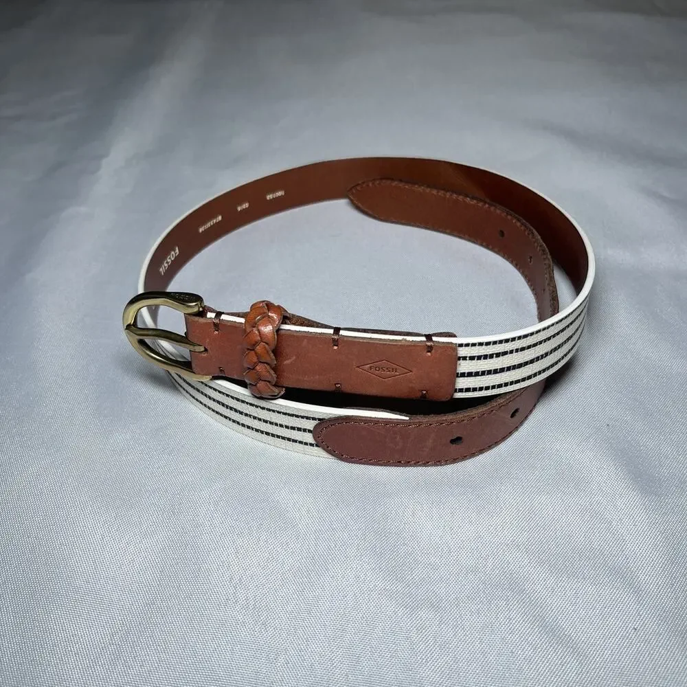 Women's Fossil Belt Cream Blue Stripe w/ Brown Leather Accent Size S EUC